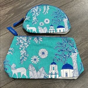 Clarins Teal Floral & Village Print Pouch Duo